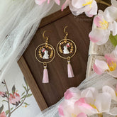 Bunny and Pink Tassel Earrings, Pink Sakura Cherry Blossom Earrings, Japanese Sakura bunny Earrings, Cherry Blossom rabbit Earrings